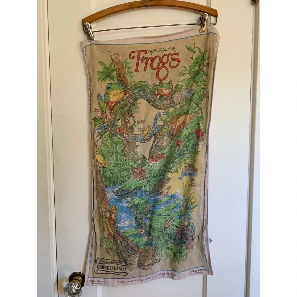 Vintage Australian Frogs Bribie Island Linen Tea Towel Rosy Kitchen Souvenir
